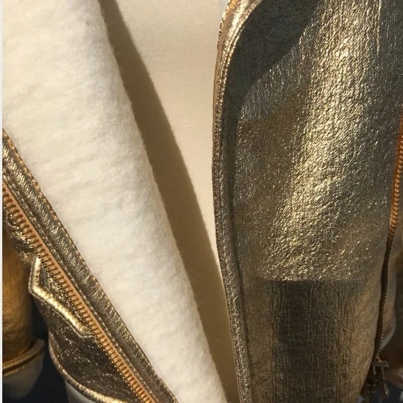 Moschino Couture Metallic Gold, faux leather & pure wool biker jacket